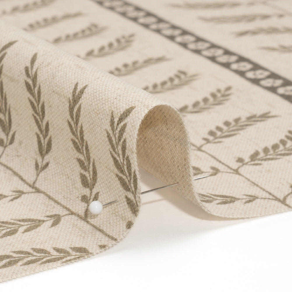 Brushed Cotton and Linen Canvas - Jute Fern Leaves and Flower Stripes - British Imported Detail