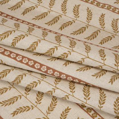 Brushed Cotton and Linen Canvas - Sienna Fern Leaves and Flower Stripes - British Imported Folded