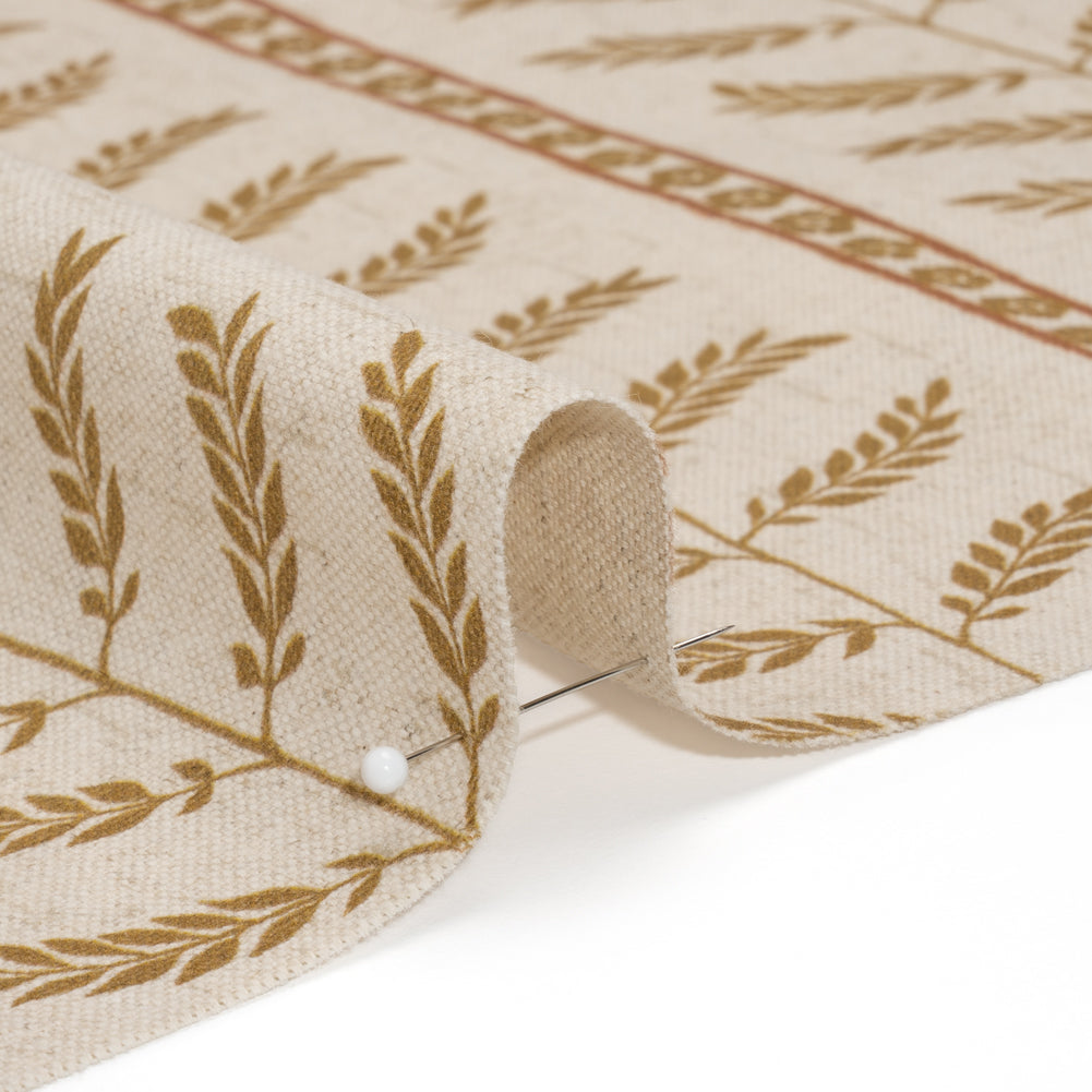 Brushed Cotton and Linen Canvas - Sienna Fern Leaves and Flower Stripes - British Imported Detail