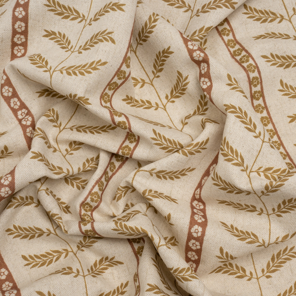 Brushed Cotton and Linen Canvas - Sienna Fern Leaves and Flower Stripes - British Imported
