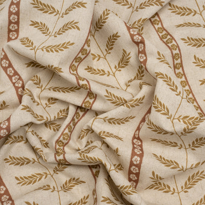 Brushed Cotton and Linen Canvas - Sienna Fern Leaves and Flower Stripes - British Imported