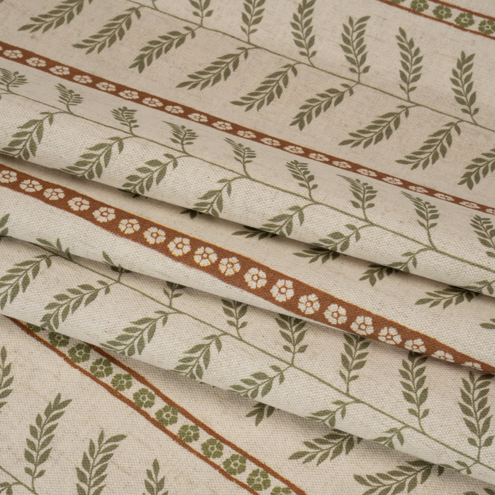 Brushed Cotton and Linen Canvas - Spice Fern Leaves and Flower Stripes - British Imported Folded
