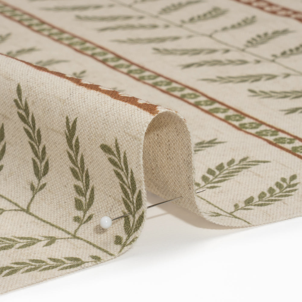 Brushed Cotton and Linen Canvas - Spice Fern Leaves and Flower Stripes - British Imported Detail