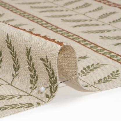 Brushed Cotton and Linen Canvas - Spice Fern Leaves and Flower Stripes - British Imported Detail