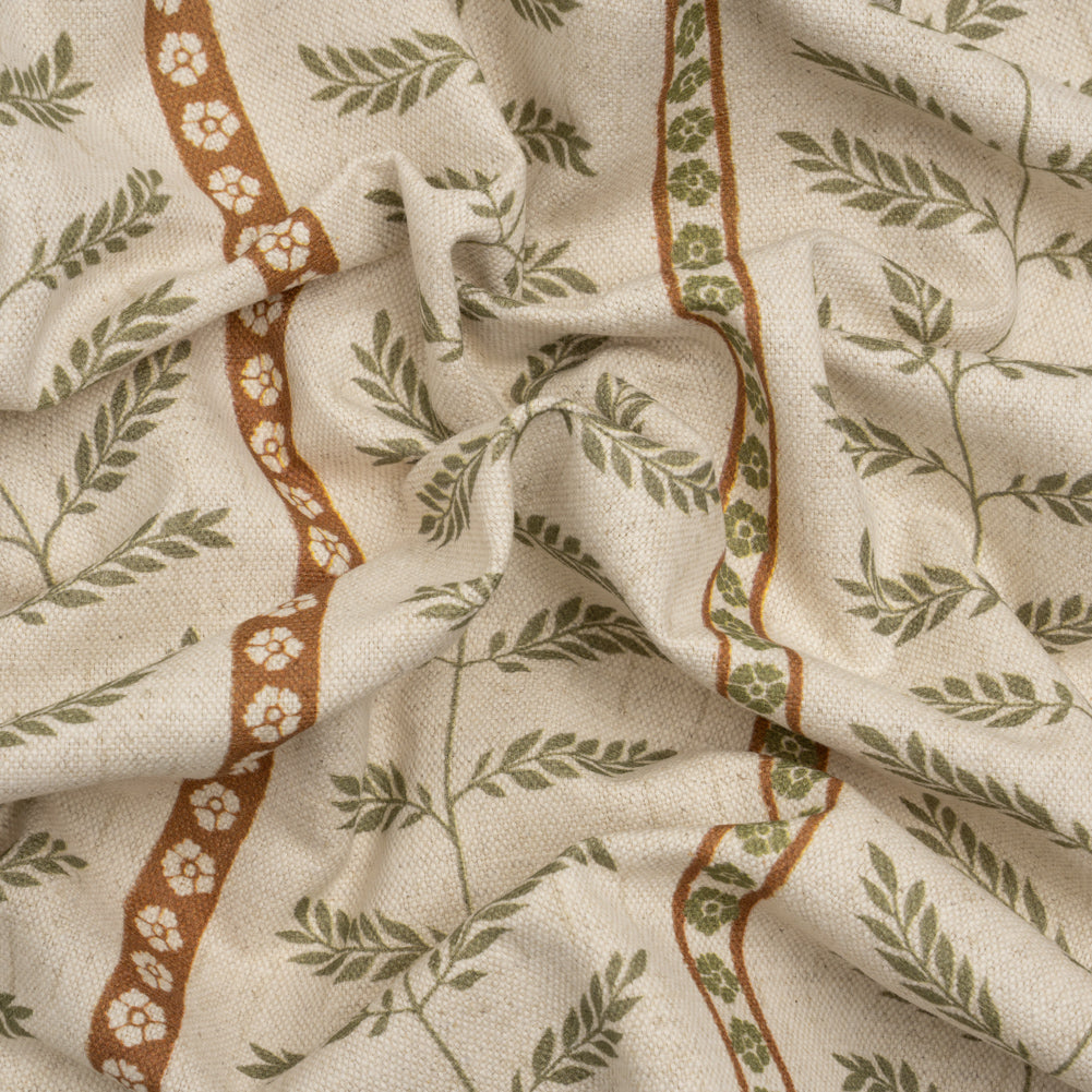 Brushed Cotton and Linen Canvas - Spice Fern Leaves and Flower Stripes - British Imported
