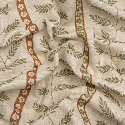 Brushed Cotton and Linen Canvas - Spice Fern Leaves and Flower Stripes - British Imported