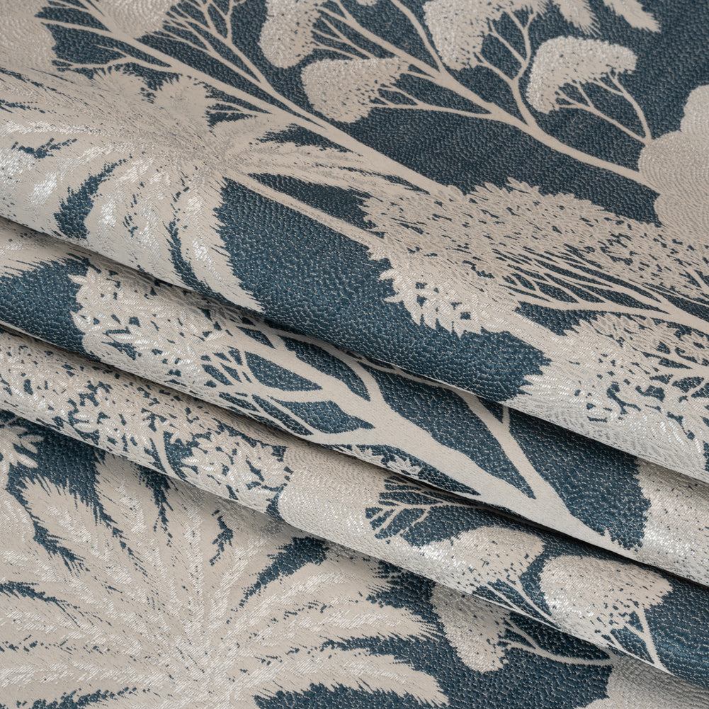 Recycled Polyester Drapery Jacquard - Indigo Jungle Trees - British Imported Folded