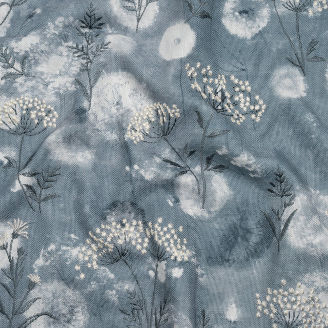 Cotton Canvas Print with Floral Embroidery - Denim Tie Dye Spots - British Imported