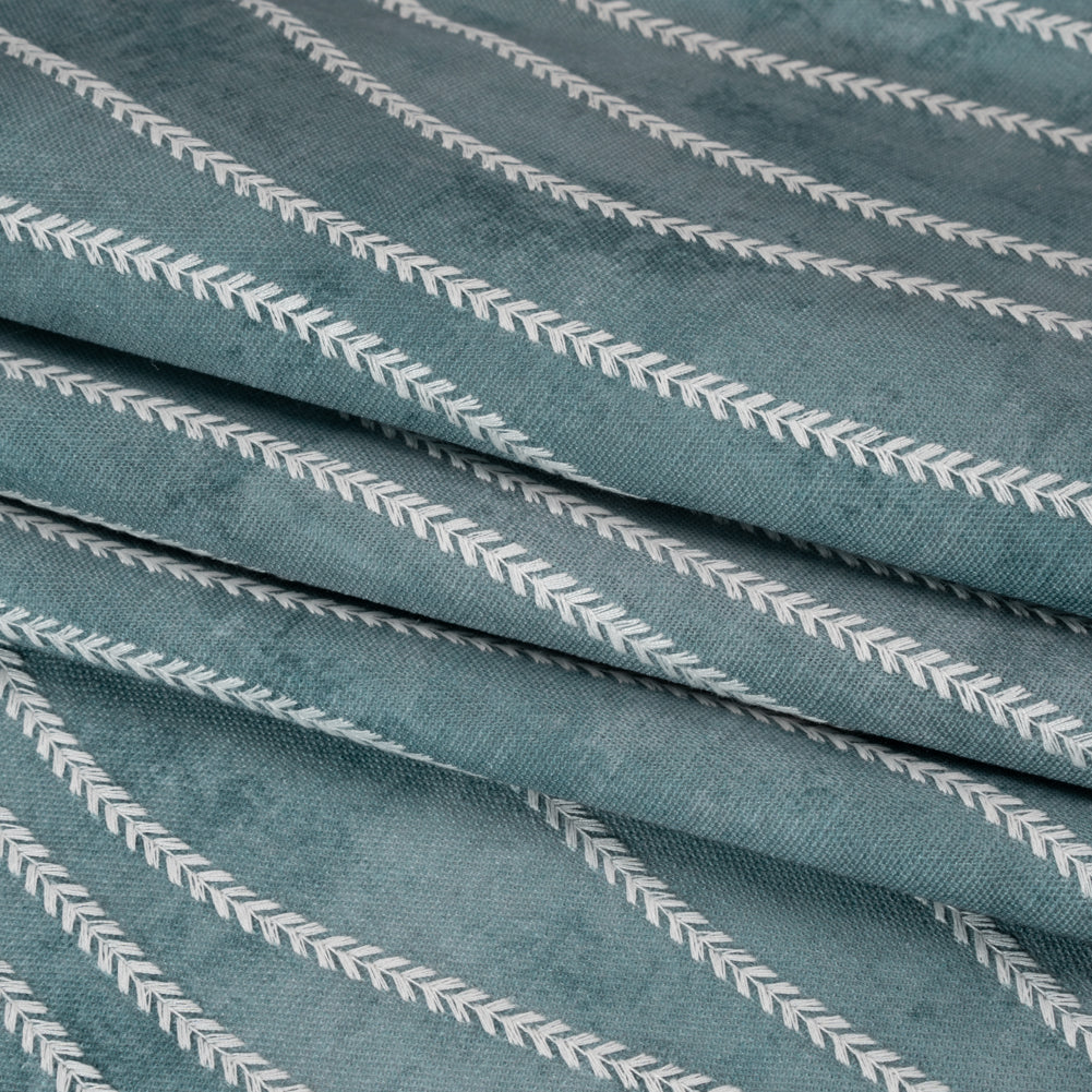 Embroidered Linen-Look Polyester Drapery Woven - Denim Leafy Wavy Lines and Watercolor Texture - British Imported - Folded