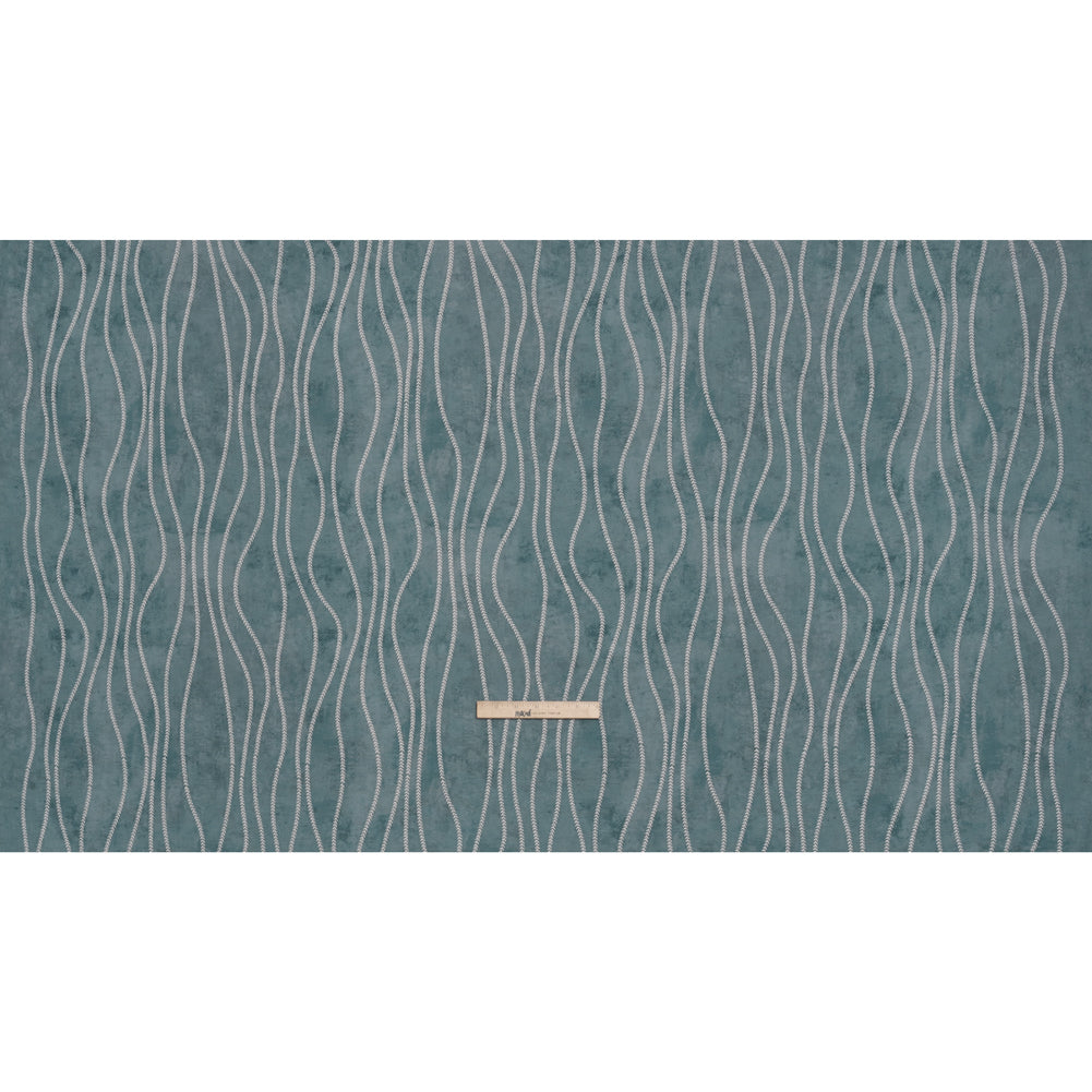 Embroidered Linen-Look Polyester Drapery Woven - Denim Leafy Wavy Lines and Watercolor Texture - British Imported - Full