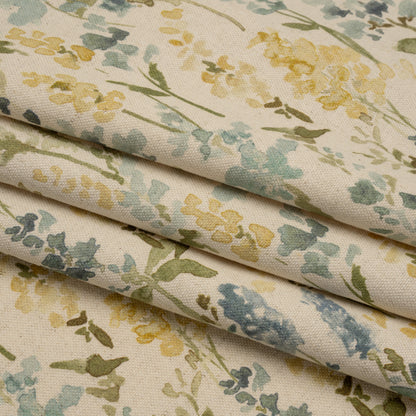 Printed Cotton and Linen Canvas - Azure Painterly Flowers - British Imported