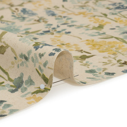Printed Cotton and Linen Canvas - Azure Painterly Flowers - British Imported