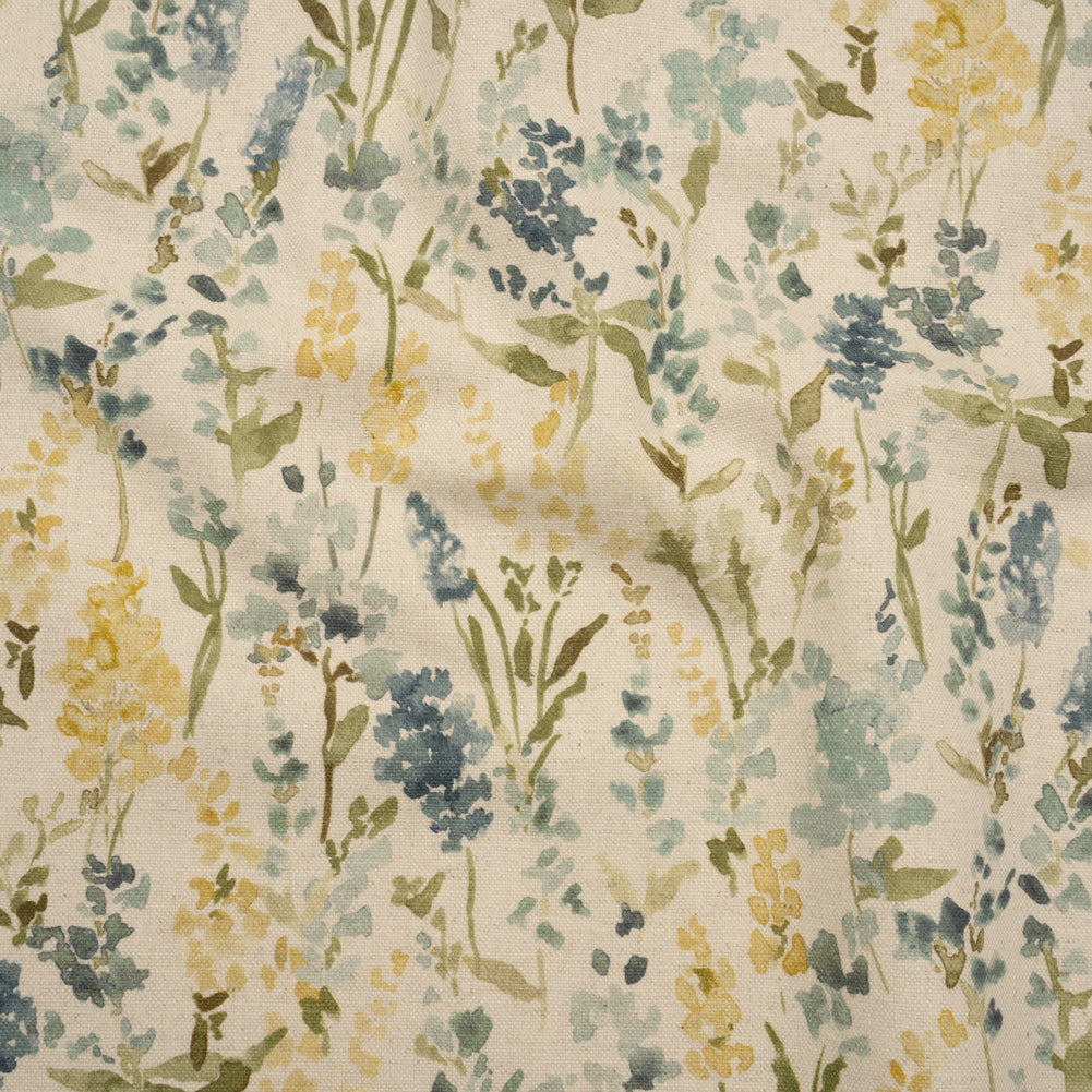 Printed Cotton and Linen Canvas - Azure Painterly Flowers - British Imported