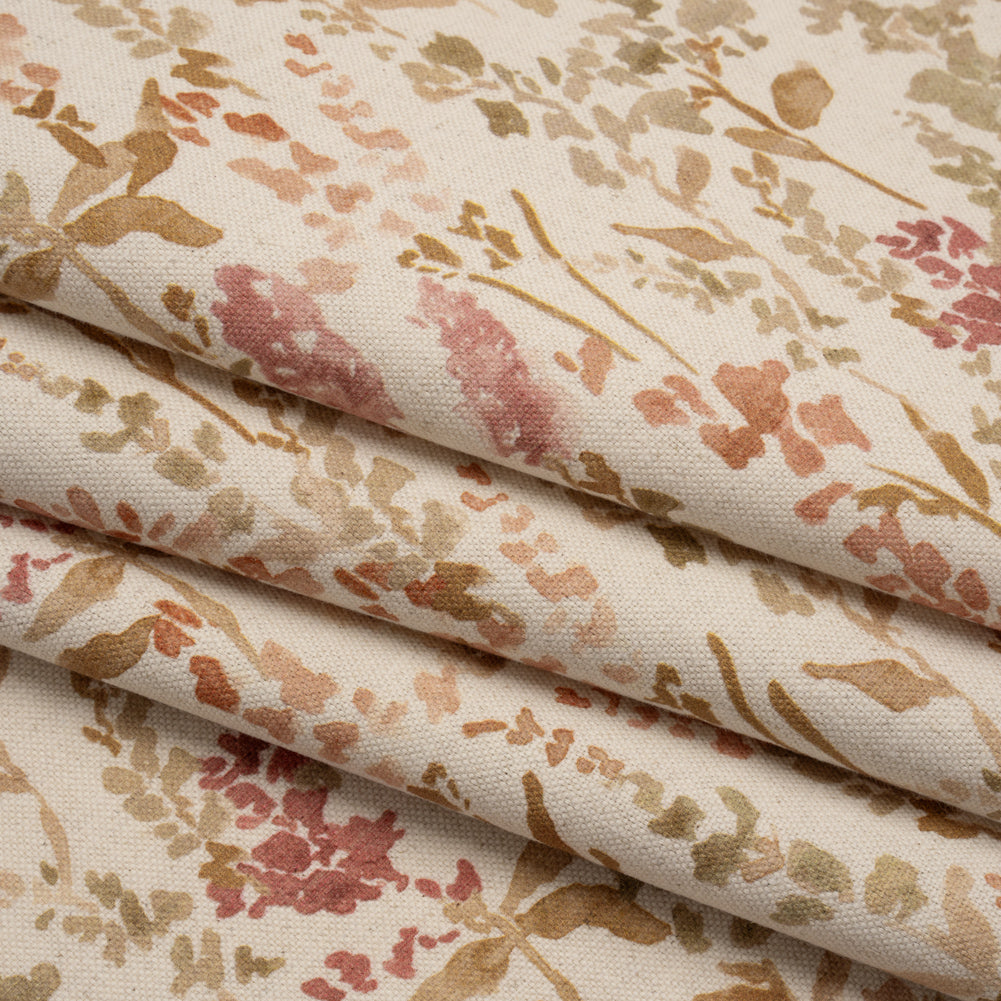 Printed Cotton and Linen Canvas - Berry Painterly Flowers - British Imported - Folded