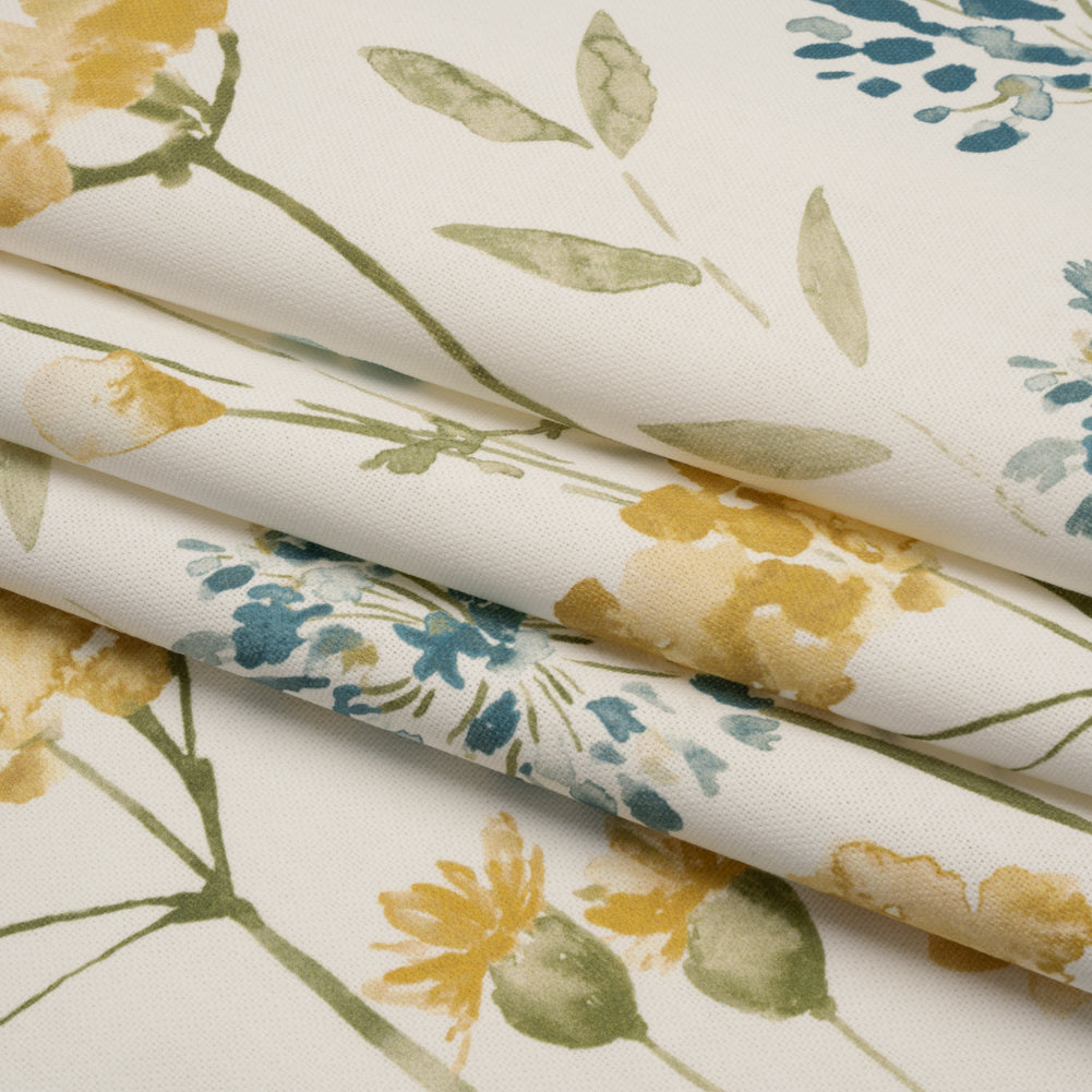 Printed Cotton Canvas - Azure Watercolor Floral Stems - British Imported - Folded