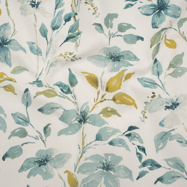Printed Cotton Canvas - Azure Watercolor Floral Stems - British Imported