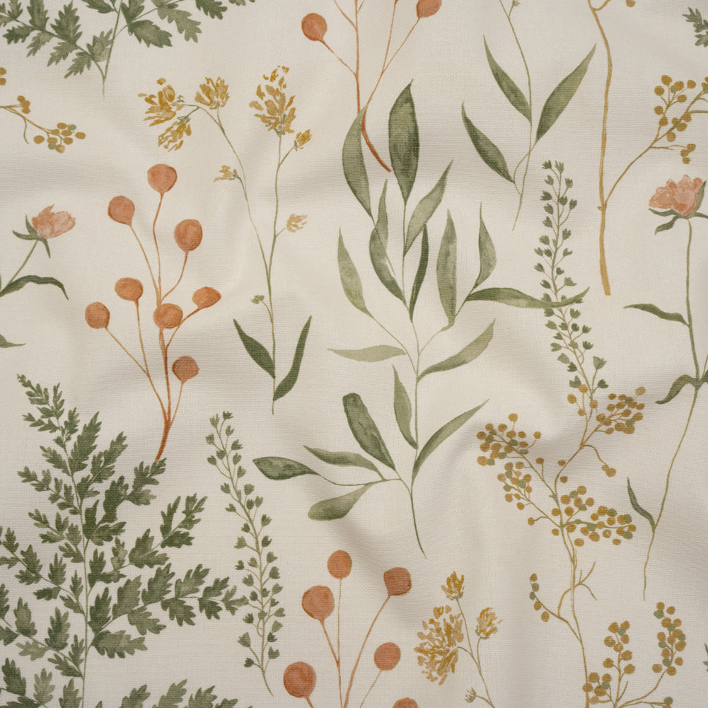 Printed Cotton Canvas - Autumn Painted Wildflowers and Leaves - British Imported