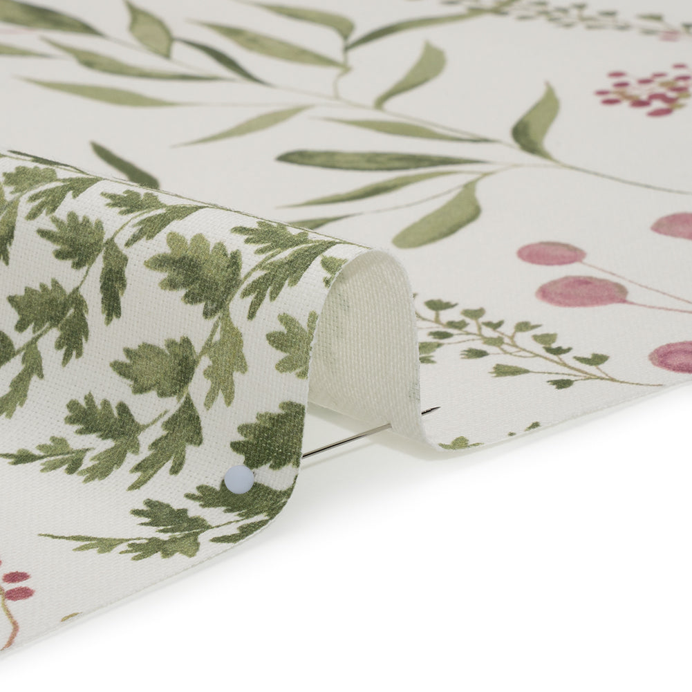 Printed Cotton Canvas - Peony Painted Wildflowers and Leaves - British Imported - Detail