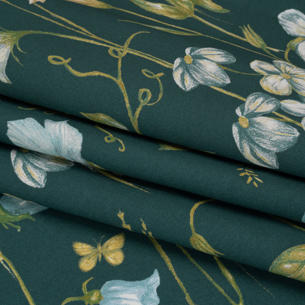 Printed Cotton Canvas - Kingfisher Flowering Stems and Butterflies - British Imported - Folded