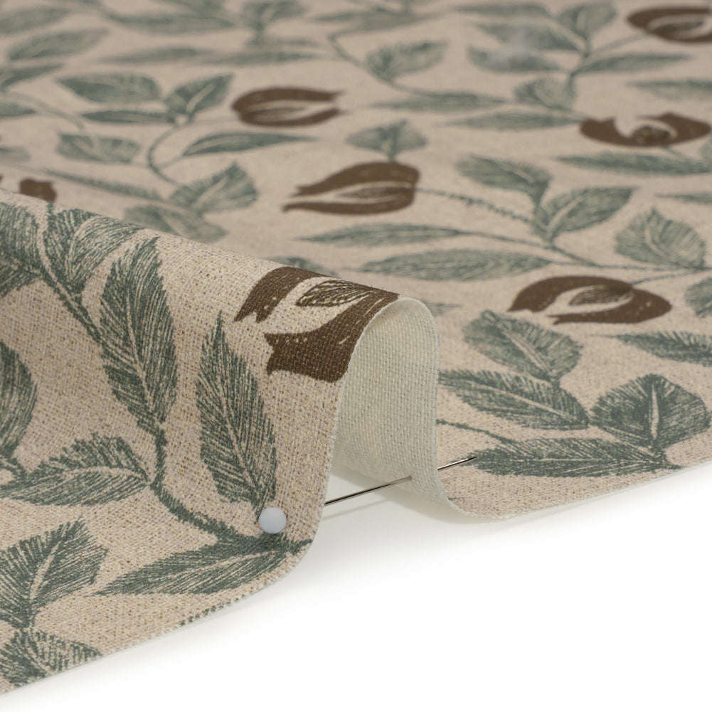 Printed Cotton Canvas - Sage Budding Flowers and Leaves - British Imported - Detail