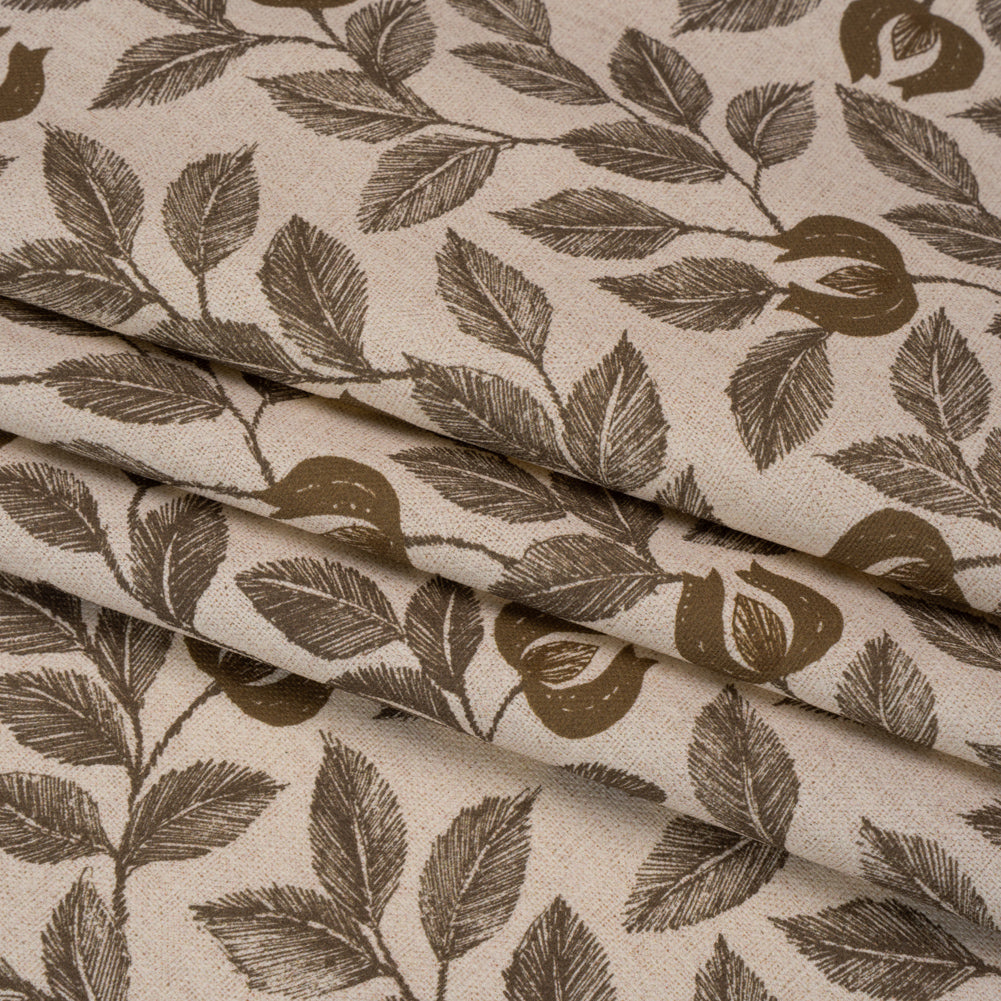 Printed Cotton Canvas - Walnut Budding Flowers and Leaves - British Imported - Folded