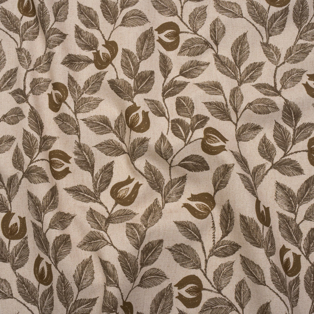 Printed Cotton Canvas - Walnut Budding Flowers and Leaves - British Imported