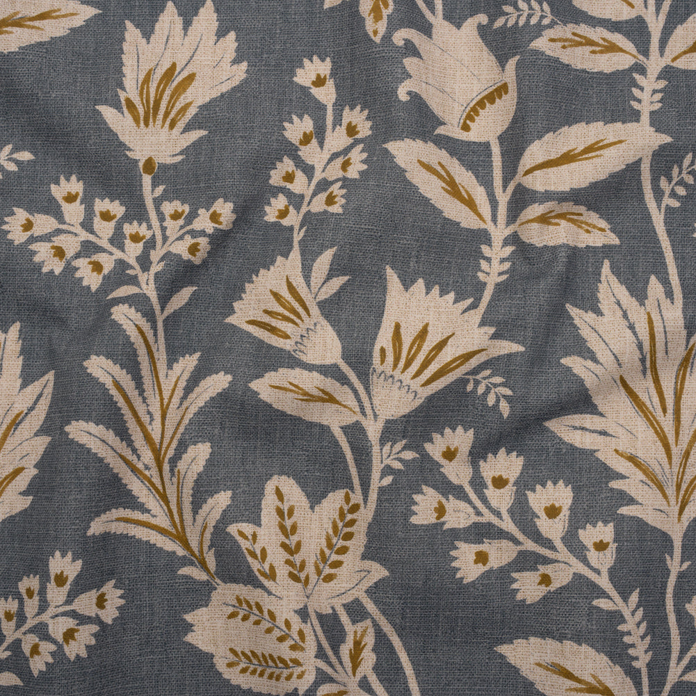 Printed Cotton Canvas - Ink Leafy Sprays and Little Flowers - British Imported