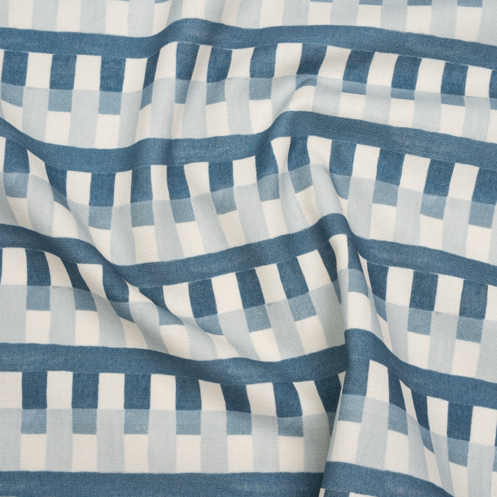 Cotton and Linen Canvas Print - Indigo Geometric Block Stripes - British Imported
