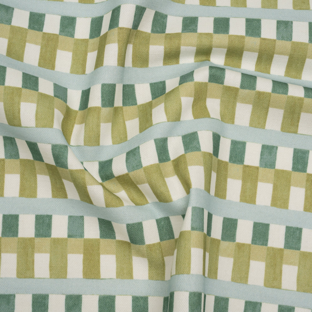 Cotton and Linen Canvas Print - Teal Geometric Block Stripes - British Imported