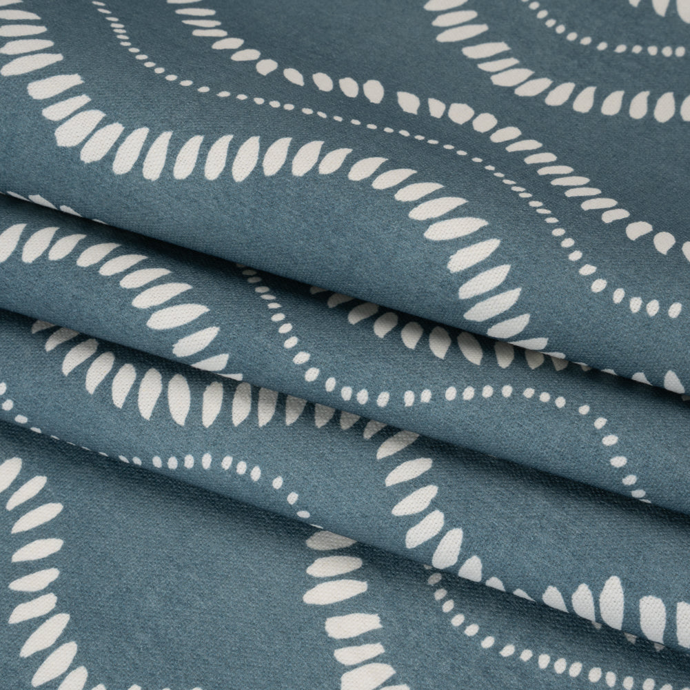 Cotton and Linen Canvas Print - Indigo Waves of Petal and Dots - British Imported - Folded