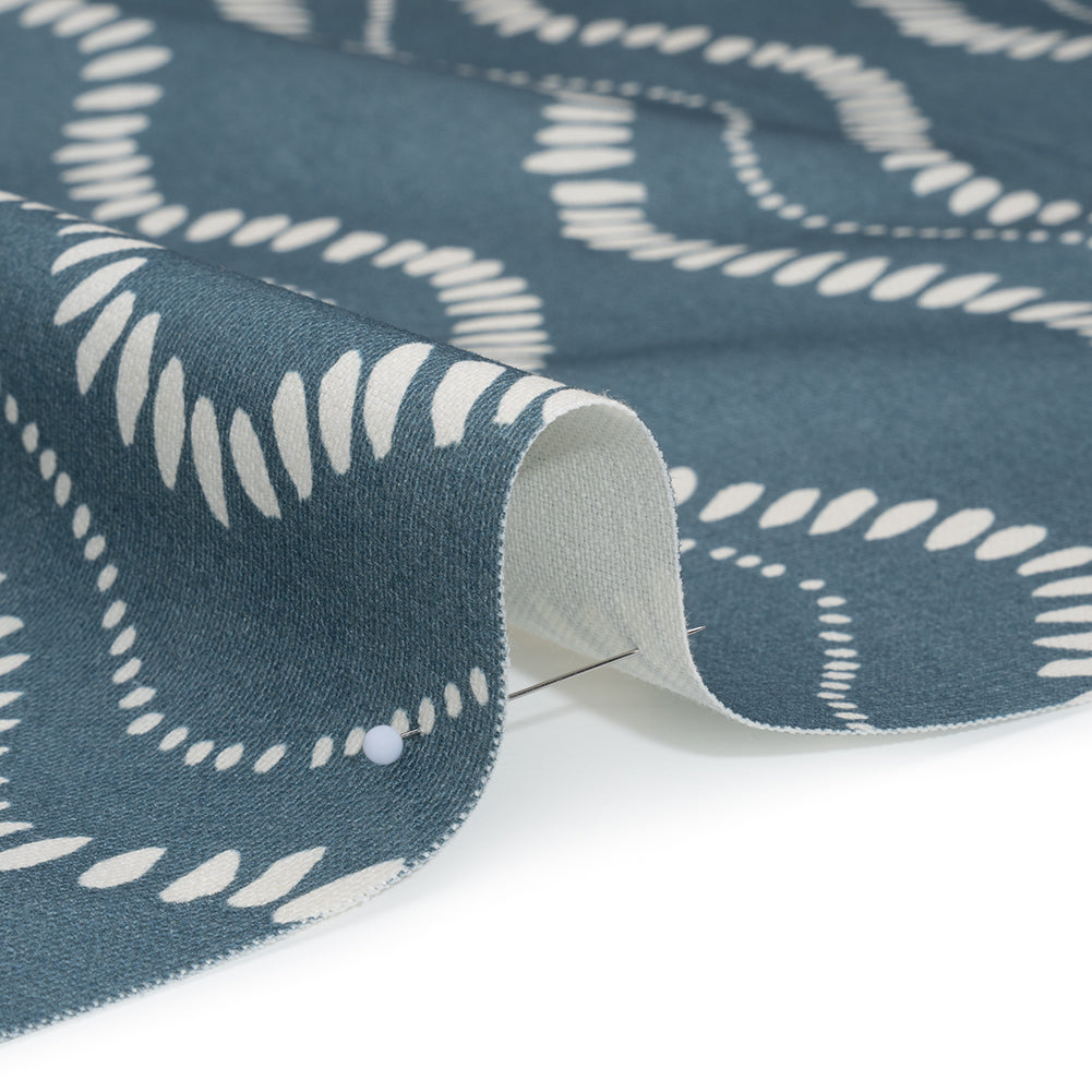 Cotton and Linen Canvas Print - Indigo Waves of Petal and Dots - British Imported - Detail