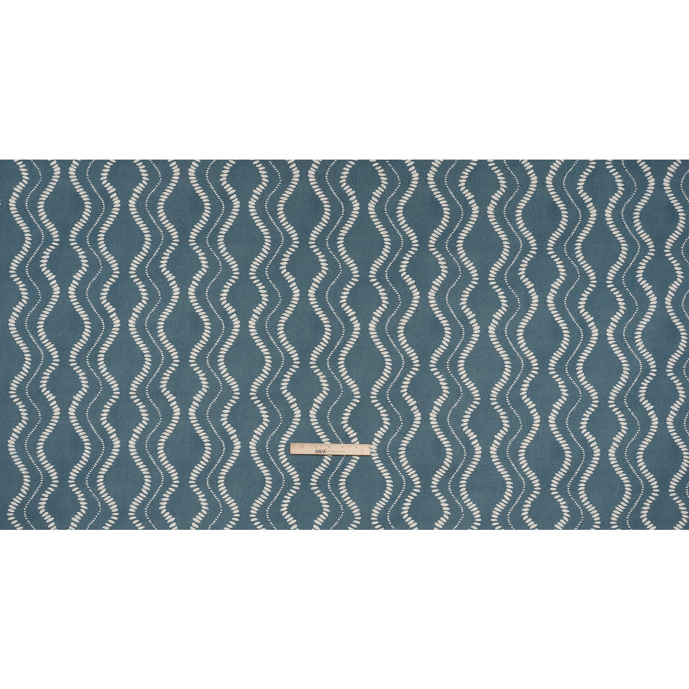 Cotton and Linen Canvas Print - Indigo Waves of Petal and Dots - British Imported - Full