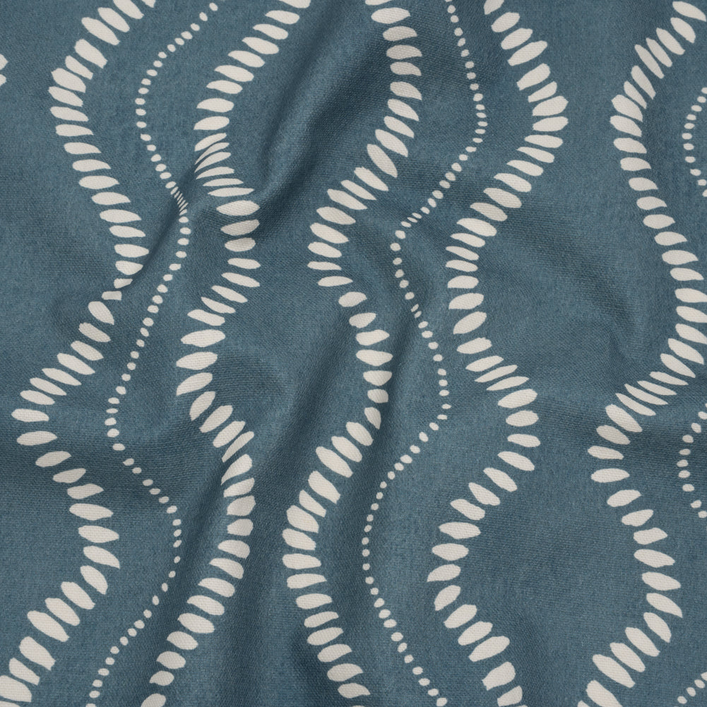 Cotton and Linen Canvas Print - Indigo Waves of Petal and Dots - British Imported