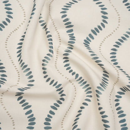 Cotton and Linen Canvas Print - Navy Waves of Petal and Dots - British Imported