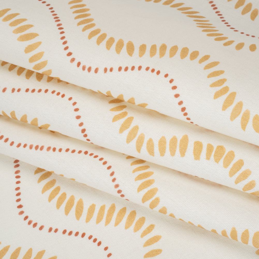 Cotton and Linen Canvas Print - Ochre Waves of Petal and Dots - British Imported - Folded
