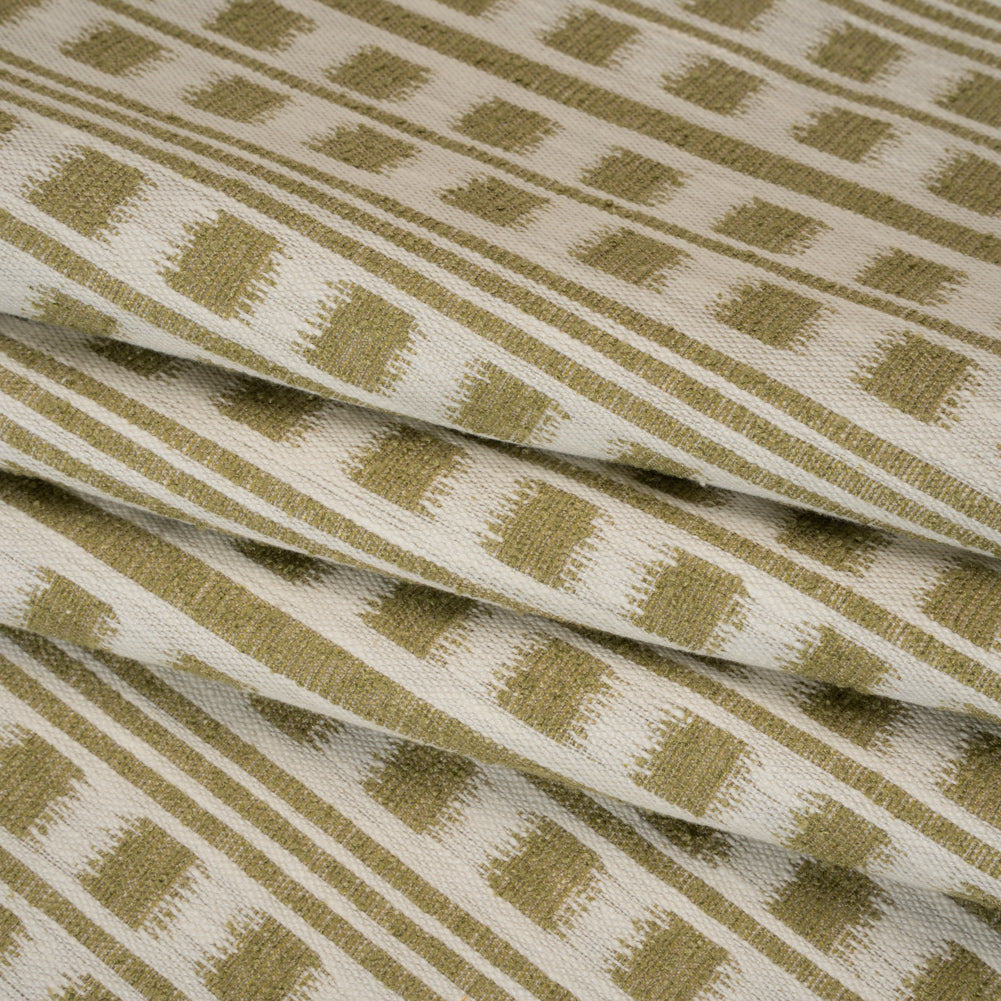 Polyester and Cotton Home Decor Jacquard - Olive Ikat Squares in Stripes - British Imported Folded