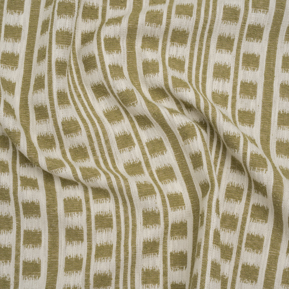 Polyester and Cotton Home Decor Jacquard - Olive Ikat Squares in Stripes - British Imported