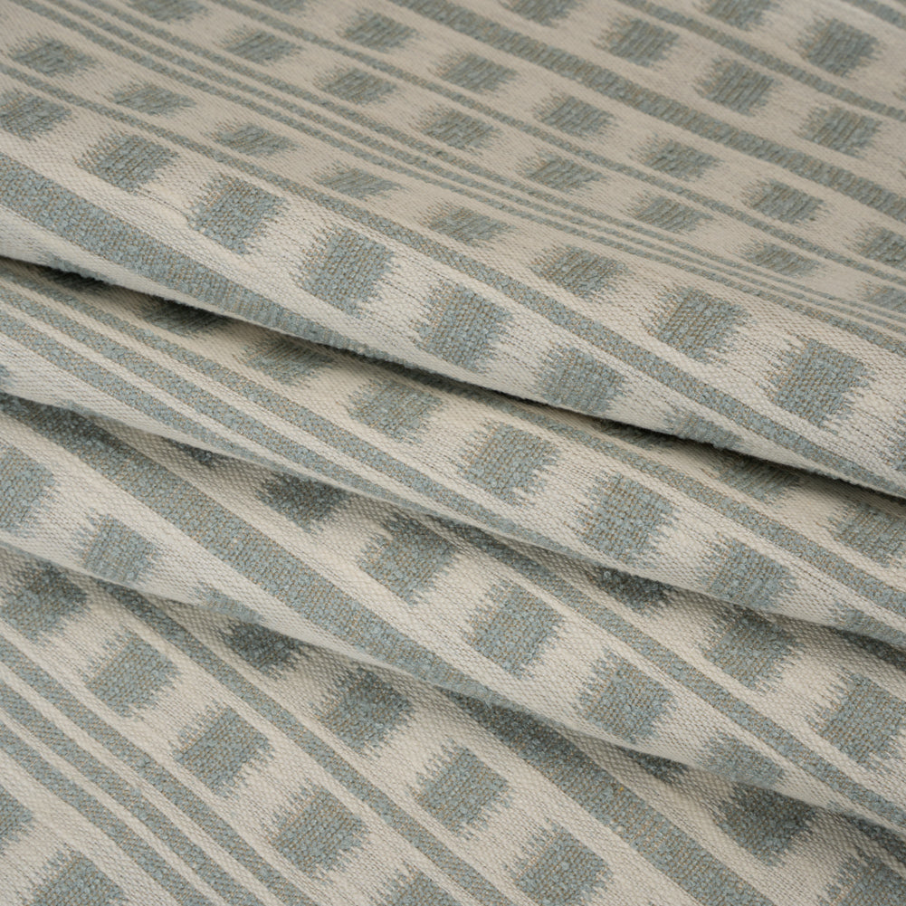 Polyester and Cotton Home Decor Jacquard - Seafoam Ikat Squares in Stripes - British Imported - Folded