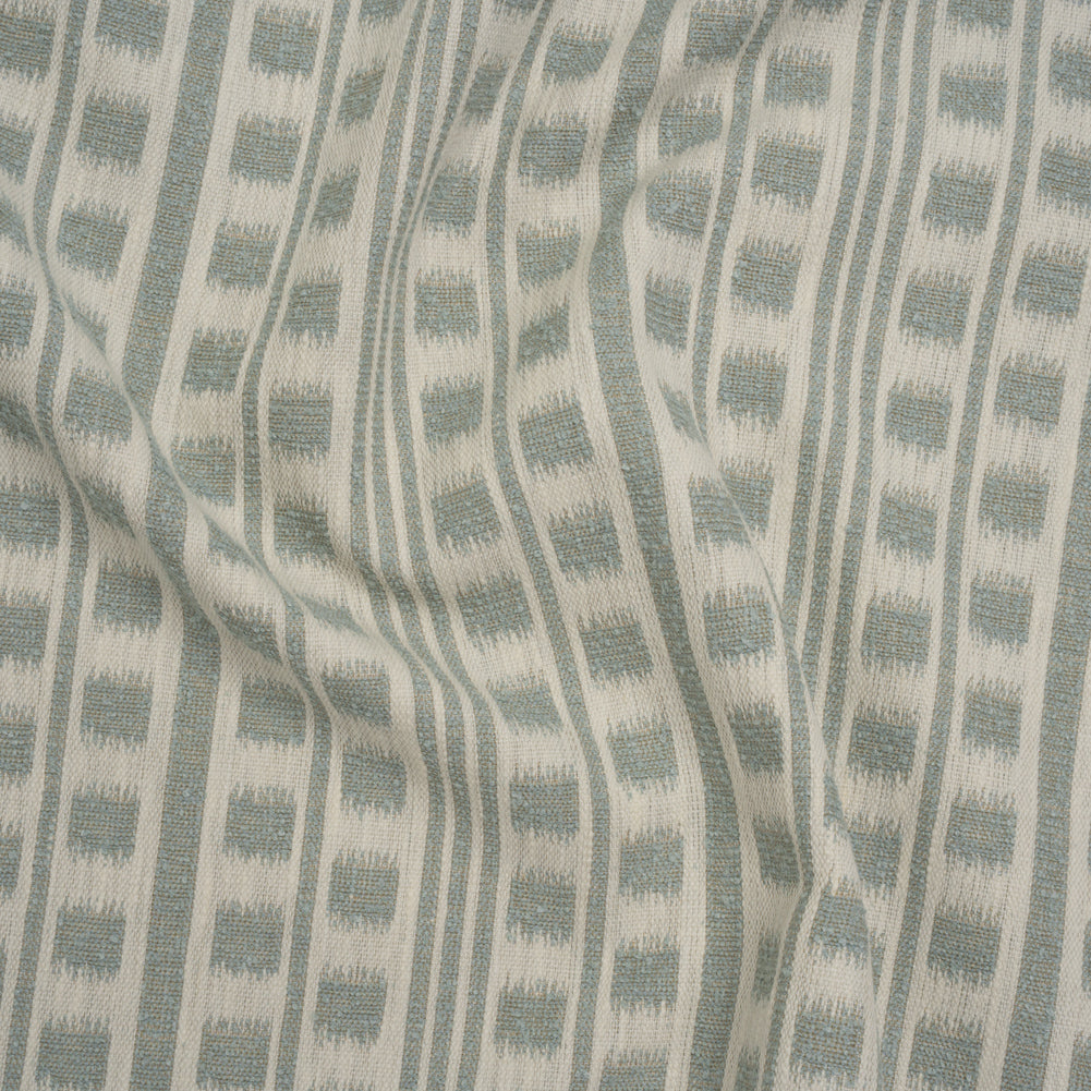 Polyester and Cotton Home Decor Jacquard - Seafoam Ikat Squares in Stripes - British Imported