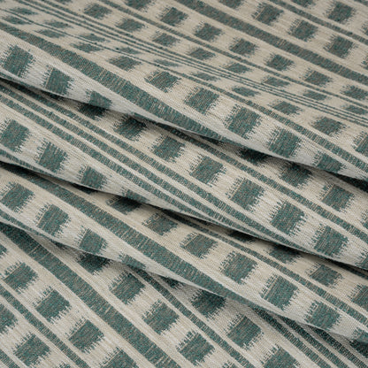 Polyester and Cotton Home Decor Jacquard - Teal Ikat Squares in Stripes - British Imported Folded