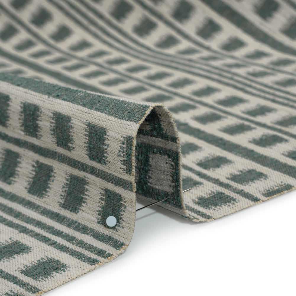 Polyester and Cotton Home Decor Jacquard - Teal Ikat Squares in Stripes - British Imported Detail