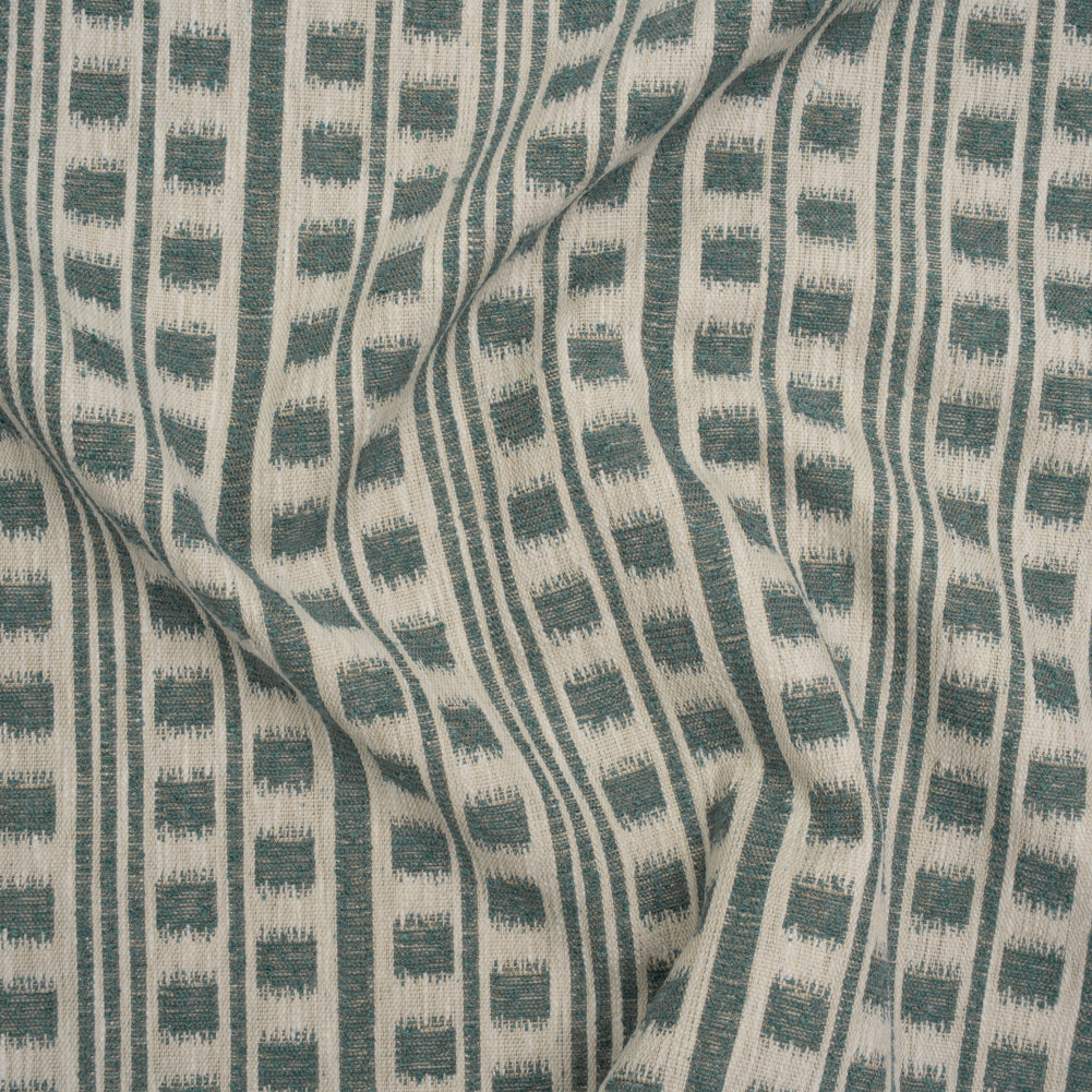 Polyester and Cotton Home Decor Jacquard - Teal Ikat Squares in Stripes - British Imported