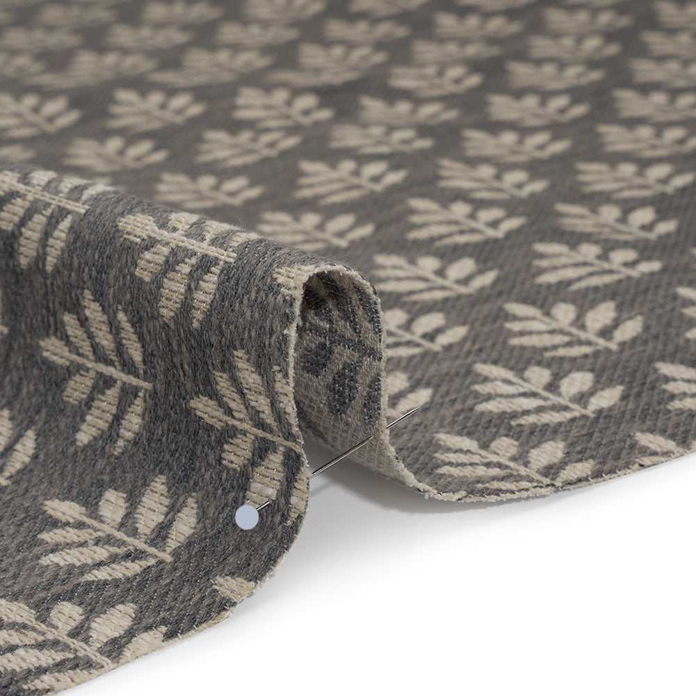 Polyester and Cotton Twill Jacquard - Charcoal Lines of Leaves - British Imported - Detail