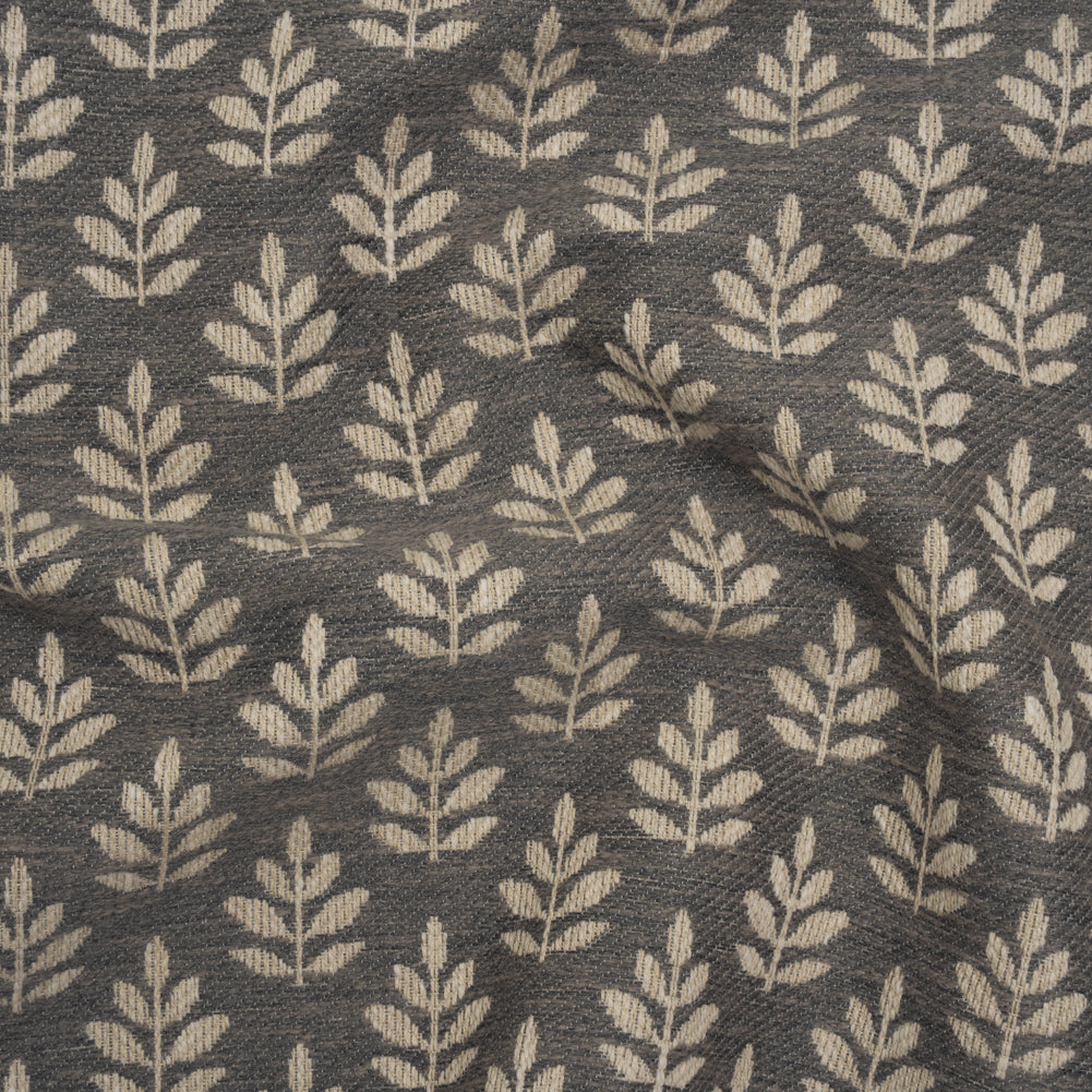 Polyester and Cotton Twill Jacquard - Charcoal Lines of Leaves - British Imported