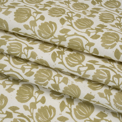 Cotton and Linen Canvas Print - Olive Block Print Florals - British Imported