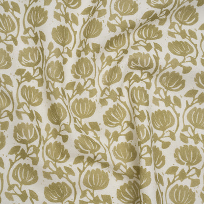 Cotton and Linen Canvas Print - Olive Block Print Florals - British Imported