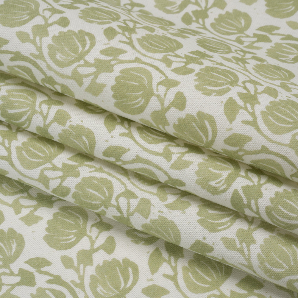 Cotton and Linen Canvas Print - Pistachio Block Print Florals - British Imported - Folded