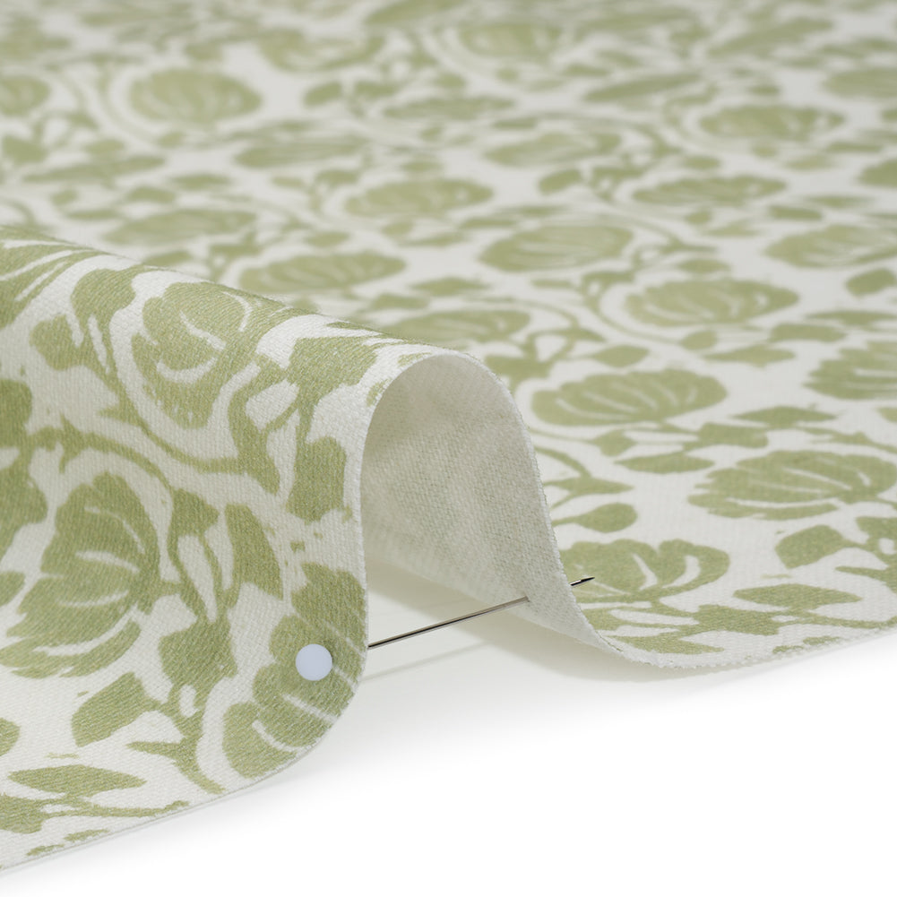 Cotton and Linen Canvas Print - Pistachio Block Print Florals - British Imported - Detail