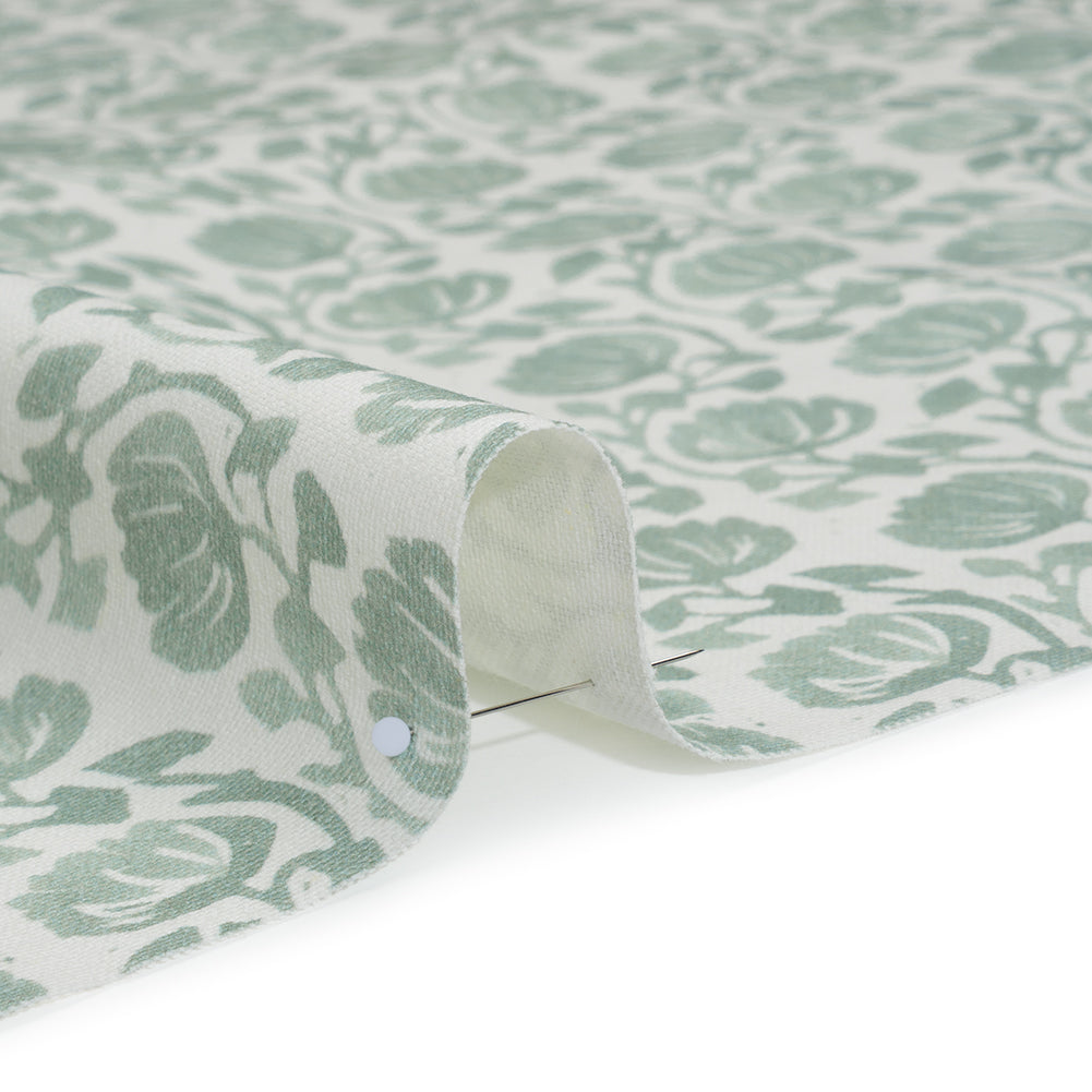 Cotton and Linen Canvas Print - Seafoam Block Print Florals - British Imported - Detail