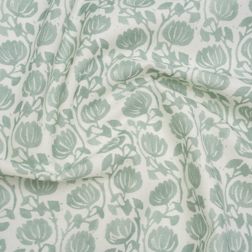 Cotton and Linen Canvas Print - Seafoam Block Print Florals - British Imported